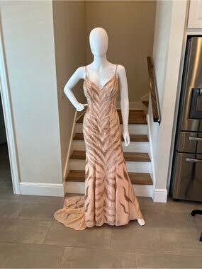 Johnathan Kayne Blush Beaded V-Neck Prom Gown